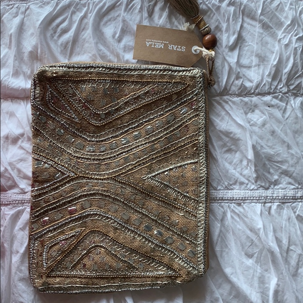 MUKTI Embroidered Clutch in Natural & Metallic